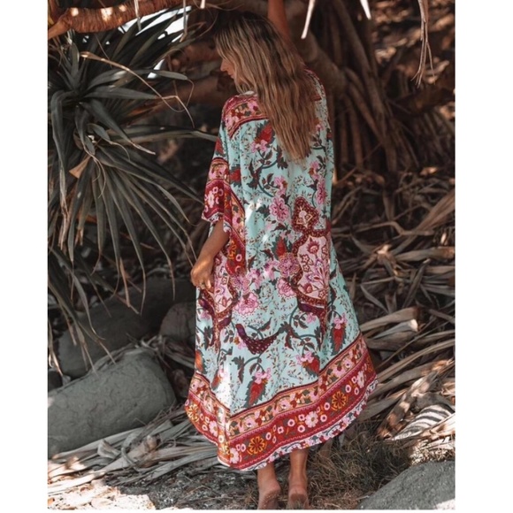 Bellanblue Tops - Boho Gypsy Red Floral Print Belted Kimono Cover up Beach